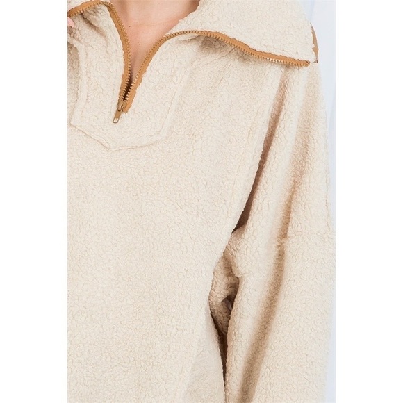 CREAM CONTRAST SHEARLING STYLE OVERSIZED ZIP UP PULLOVER SWEATER - Picture 10 of 12